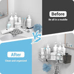 AKTECKE Corner Shower Caddy Shelf Rack: 2 Pack Adhesive Shower Organizer Essentials - No Drilling Stainless Steel Bathroom Storage Rack with Hooks and Toothpaste Holder
