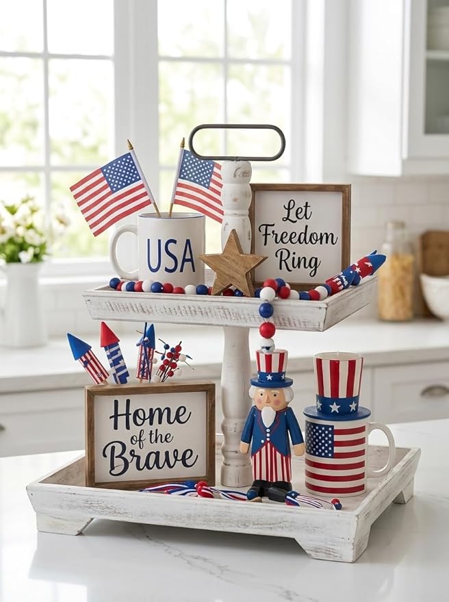 Hanobe Tiered Tray for Table Decor: 2 Tier 4th of July Decorative Tray Stand for Coffee Bar - Summer Farmhouse Rectangle Wood Display for Kitchen Counter, Rustic White