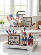 Hanobe Tiered Tray for Table Decor: 2 Tier 4th of July Decorative Tray Stand for Coffee Bar - Summer Farmhouse Rectangle Wood Display for Kitchen Counter, Rustic White