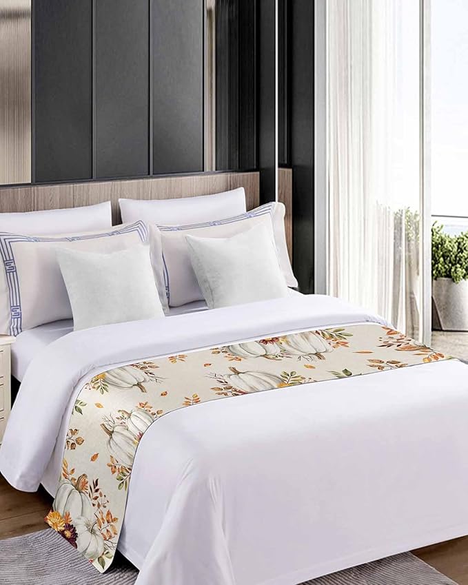 Thanksgiving Pumpkin Fall Maple Leaf Watercolor Bed Runners for Bedroom Hotel,Decorative Bedding Scarf Retro Linen Bed End Blanket Bedding Runner Scarves for Twin Size Beds,71x20in