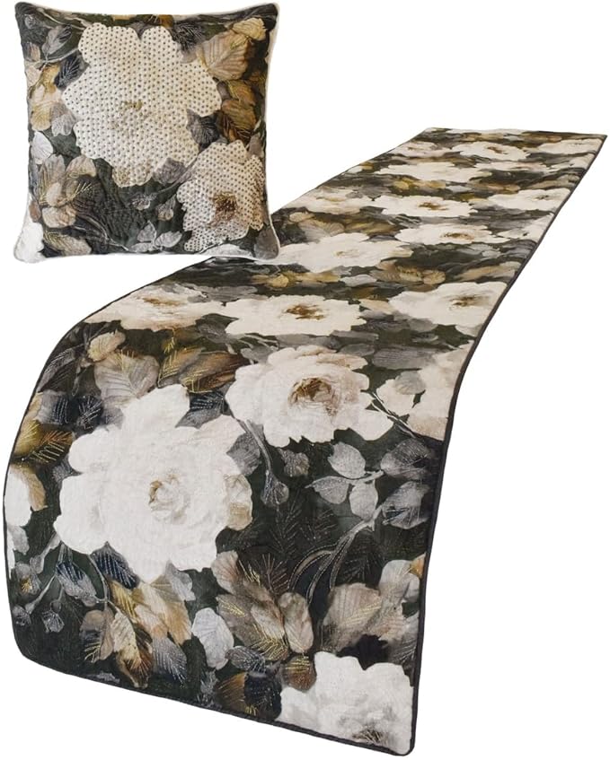 The HomeCentric King/Queen/Twin Gray & Brown Designer King 90"x18" Bed Runner with Pillow Cover, Rose, Floral & Bead Embroidery Bed Scarf on Cotton Fabric - Rada