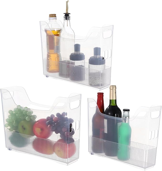OMISTAR 3 Pcs Clear Plastic Pantry Storage Organizer Bins, 13.4 x 9.8 x 3.5 in Rolling Storage Baskets with Wheels and Handles, Stackable Freezer Organizer Bins for Kitchen, Office
