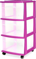 HOMZ Drawer Tower, 3-Tier Clear Plastic Storage Organizer Cart, Purple Frame - Rolling Drawer Containers with Wheels for Bathroom, Bedroom, Office, and Classroom Organization