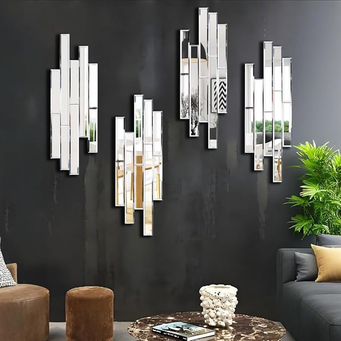 Artisan Set of 4 Silver Beveled Wall Decor Mirrors - 24x8 Inch Each, Creative Combination Design for Modern & Farmhouse Home Decor, Shatter-Resistant Glass with Wood Backing