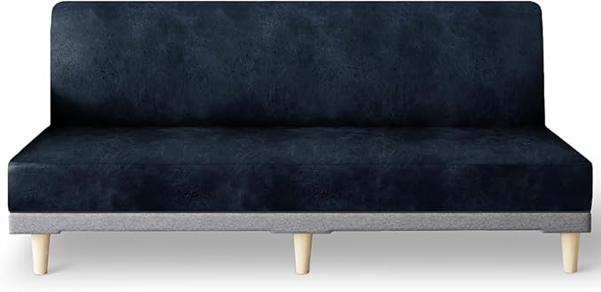 molasofa Leather Like Stretch Futon Slipcover Armless Futon Bed Sofa Cover Furniture Protector with Elastic Bottom, Soft and Washable Futon Cover for Sofa Bed Stay in Place（Larger, Navy Blue）