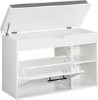 HOOBRO Shoe Storage Bench with Cushion, Modern Entryway Bench with Flip Drawer and Hidden Top Compartment, Shoe Cabinet with Seat and Adjustable Shelves for Hallway, 31.5" L, White and Gray, WG55HX01