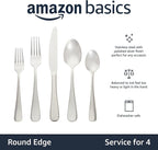 Amazon Basics Silverware Set, Stainless Steel Flatware, Dishwasher Safe, Service for 4, 20-Piece Forks and Spoons, Round Edge, Everyday Use (Pack of 2)