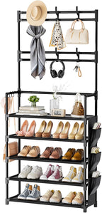 OYREL Shoe Rack 5 Tier Shoe Organizer Storage 15-20 Pairs Shoes Rack for Closet Entrance Shoe Rack Organizer with Hooks and Side Pocket Entryway Shoe Holder Space Saving Free Standing Shoe Racks