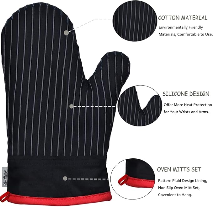 Oven Mitts and Pot Holders Sets,Oven Mitts and Potholders with Cotton High Heat Resistant Extra Thick Long Oven Mitts for Cooking 4 Pcs,Black Red