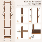 Yoobure Solid Wood Coat Rack Freestanding - Rolling Clothes Rack with 8 Hooks & Shelves, Small Clothing Rack with Wheels, Heavy Duty Clothing Racks for Hanging Clothes, Portable Hall Tree for Entryway