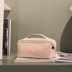 Prite Makeup Bag for Women Travel Waterproof Vegan Leather Cosmetic Bag Open Flat Toiletry Bag With Clear Divider and Handle (Pink, Large Pro)