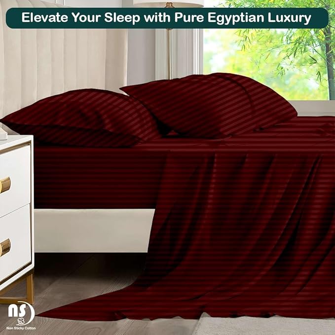NON Sticky cotton Queen Size Sleeper Sofa Sheets, 4 Piece Egyptian Cotton Bed Sheet Set for Sofa Bed, 6" Deep Pocket Fitted Sheet for Pull Out Couch Mattress, 60" x 75", Burgundy Stripe