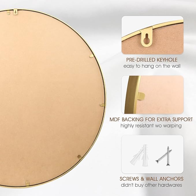 Round Bathroom Wall Mirror, 28"x28" Antique Gold Metal Beaded Frame Vanity Mirror, Wall Mounted Large Circle Makeup Mirror for Bedroom, Living Room, Entryway
