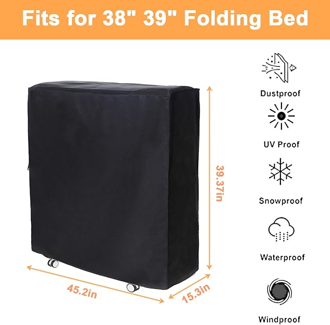Rollaway Bed Cover 39.5"x15.5"x45.2" Dustproof and Waterproof Folding Bed Storage Cover Large Camping Cots Cover, Easy on and Off, Black