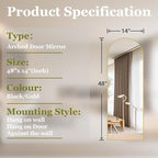 BEAUTYPEAK 14" x 48" Adjustable Height Over The Door Mirror, Arch Full Length Hanging Door Mirror with Shatterproof Tempered Glass Aluminum Alloy Frame for Bedroom, Living Room, Bathroom, Dorm, Gold