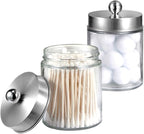 Amolliar 4 Pc Glass Apothecary Jars - Countertop Qtip Dispenser Holder with Stainless Steel Lids&Cute Stickers -Bathroom Vanity Storage Organizer Set for Qtips,Cotton Swabs/Rounds (Brushed Nickel)