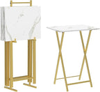 HOOBRO Folding TV Tray Tables, Set of 4 TV Trays with Storage Rack, Industrial Side Table for Eating at Couch, Foldable Snack Table for Small Space, Easy Assembly, Marble and Gold DM50BZ01