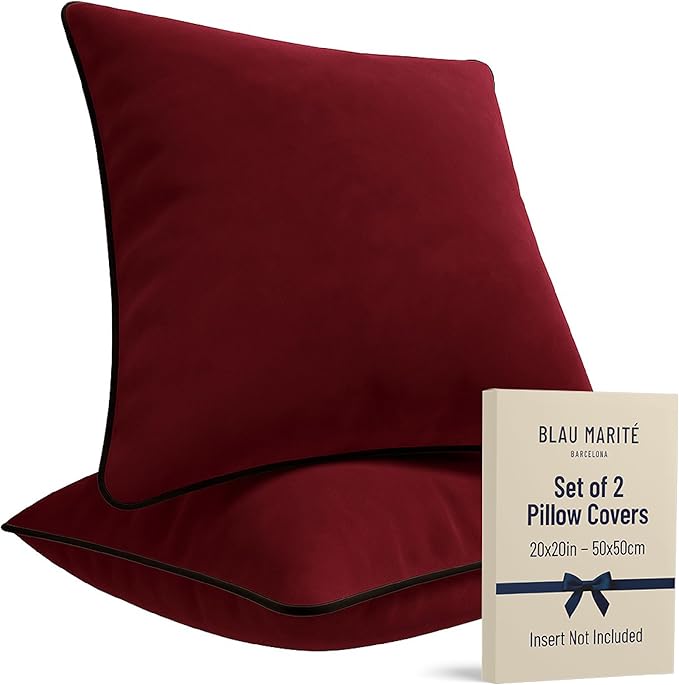 2 Pack Velvet Decorative Throw Pillow Covers, 20"x20", Burgundy, Solid, Modern, Contrast Piping, Indoor Use, Bedroom & Living Room