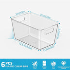 Clear Pantry Organizer Bins, Storage Containers & Plastic Containers with Handle, Cabinet Organizer, Home Organization Must Haves for Kitchen, Laundry Room, Office, Closet & Freezer (6 Pack)