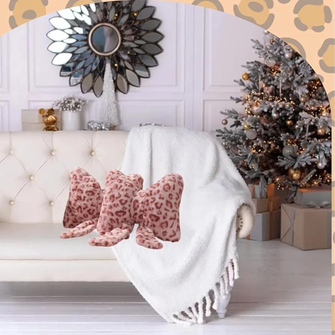 Leopard Print Bow Throw Pillows Cute Plush Pillow Stuffed Bow Backrest Cushion Home & Car Decoration