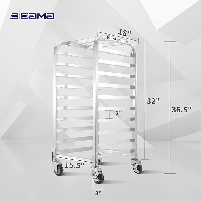 BIEAMA 10-Tier Half Sheet Pan Rack, NSF Bun Pan Rack, Aluminum Bakery Rack, Commercial Kitchen Bakery Cooling Rack, Speed Rack with 4 Wheels for 18" x 13" Sheet Pan