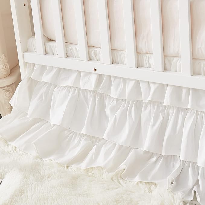 Brandream Crib Skirt Triple Layer Cotton Nursery Bed Skirt for Baby Girls Boys Toddler Bedskirt Solid White Dust Ruffle