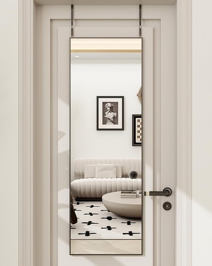 BEAUTYPEAK 16" x 50" Adjustable Height Over The Door Mirror, Full Length Hanging Door Mirror with Shatterproof Tempered Glass Aluminum Alloy Frame for Bedroom, Living Room, Bathroom, Dorm, Black