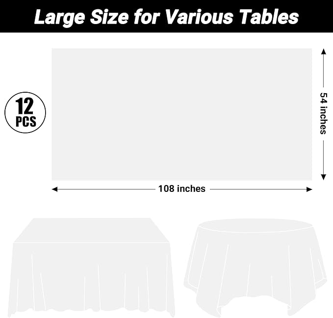 QZYL 12 Packs Disposable White Plastic Table Cloths, 54 X 108 Inches Dining Table Cloth, Plastic Tablecloths for Rectangle Tables, Quick Setup and Cleanup for Parties Picnic, Wedding and Outdoor