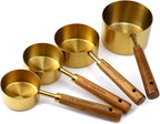 4 Piece Stainless Steel Measuring Cups with Wooden Handle, Measuring Cup Sets for Measuring Dry and Liquid Ingredients (4 Sizes - Gold)