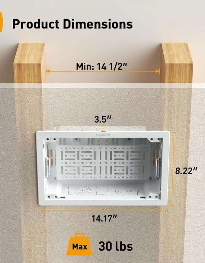 Perlegear 9″ in-Wall Media Box, Electrical Box, Recessed Outlet Box and Media Enclosure for One Connect Box & Network Switches, Cable Management Kit with Cutting Template, Dust Bag & Drywall Saw