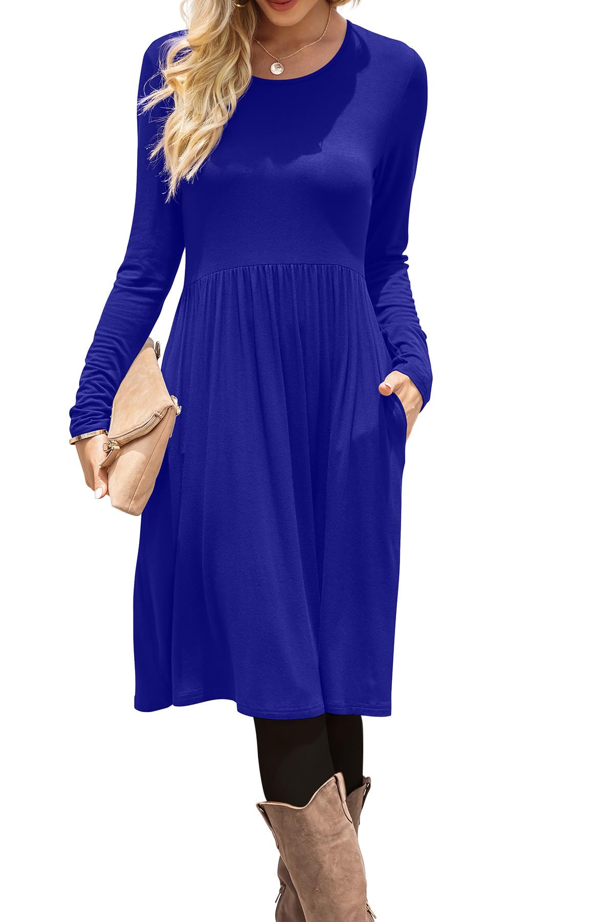DB MOON Women Casual Long Sleeve Dresses Empire Waist Loose Dress with Pockets (Black, M)