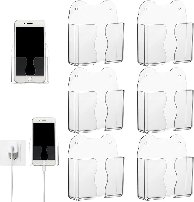 Geelin 6 Pcs Wall Mounted Phone Holder Self Adhesive Cell Phone Stand with Charging Hole Acrylic Remote Control Stand Bedside Organizer for RV Bed Desk Shower Most Smartphone(Clear,Novel Style)