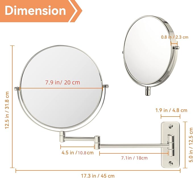 8" Extendable Bathroom Mirror Wall Mount with 1X/10X Magnification, 360° Swivel Double Sided Vanity & Shaving Mirror, Nickel Finish (No Light)