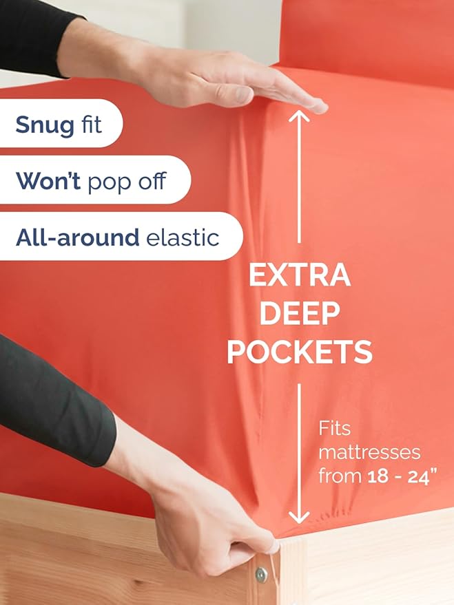 Extra Deep Split King Fitted Sheet - Hotel Luxury Single Fitted Sheet Only - Easily Fits 18 inch to 24 inch Mattress - Ultra Soft, Wrinkle & Fade Free w/Extra Deep Pocket - Breathable & Comfy - Coral