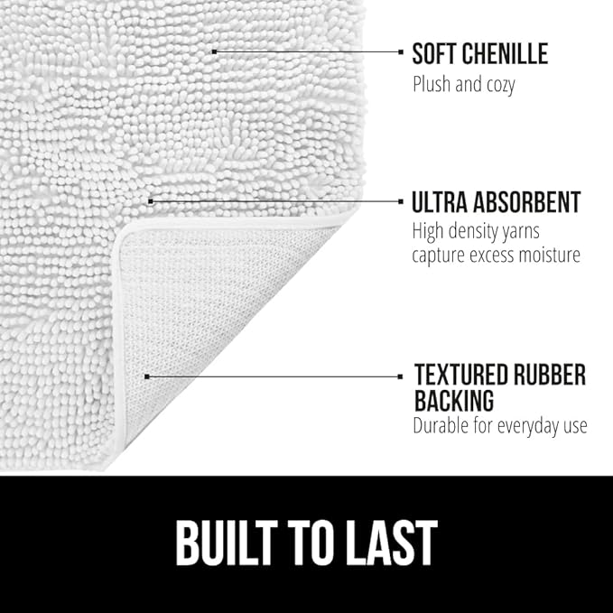 GORILLA GRIP Bath Rug Mat 30x20, Thick Soft Absorbent Chenille, Quick Dry Microfiber Mats, Rubber Backing Washable Shower Floor Rugs, US Designed Bathroom Bathmat Home Decor Accessories, White