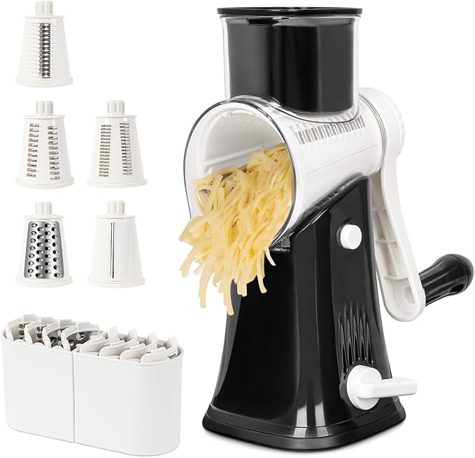 X Home 5-in-1 Rotary Cheese Grater for Kitchen, Upgraded Hand Crank Shredder with Stronger Suction Base & Multifunctional Drum Blades, for Cheese, Vegetables and Nuts, Easy to Use and Clean, Black