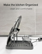 Anti-Rust Metal Spoon Rest with Lid Holder, Heat-Resistant Pot Lid Rest, Multifunctional Spatula Holder While Cooking for Stovetop and Kitchen Counter – Grey