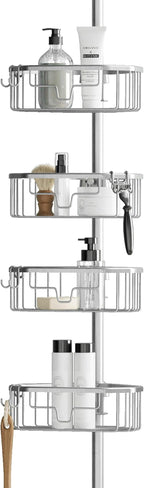 Zenna Home Tension Pole Shower Caddy Corner Organizer, Adjustable Standing Shower Caddy with 4 Shelves, Rustproof Bathroom Tension Rod Organizer, 60 to 108 Inch, Satin Chrome