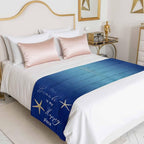 Happy Beach Place Marine Starfish Bed Runner for Bedroom Hotel, Decorative Bedding Scarf Gradient Blue Wood Grain End Blanket Runner for California King Size, 102x20in