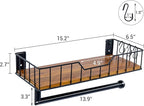 MyGift Wall-Mounted Matte Black Metal Paper Towel Holder with Premium Acacia Wood Shelf and 3 Hanging Hooks