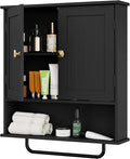 RRX Bathroom Cabinet Wall Mounted Medicine Cabinets with Towels Bar, Over The Toilet Storage Cabinet with 2 Doors and Adjustable Shelf, White Wall Cabinet for Bathroom Laundry Kitchen (Black)