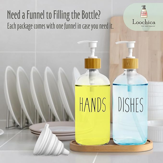 LOOCHICA Clear Glass Soap Dispenser Set with Tray, Transparent Dish and Hand Soap Dispenser Set, Refillable Reusable Apothecary Soap Pump Dispenser Bottles for Bathroom and Kitchen