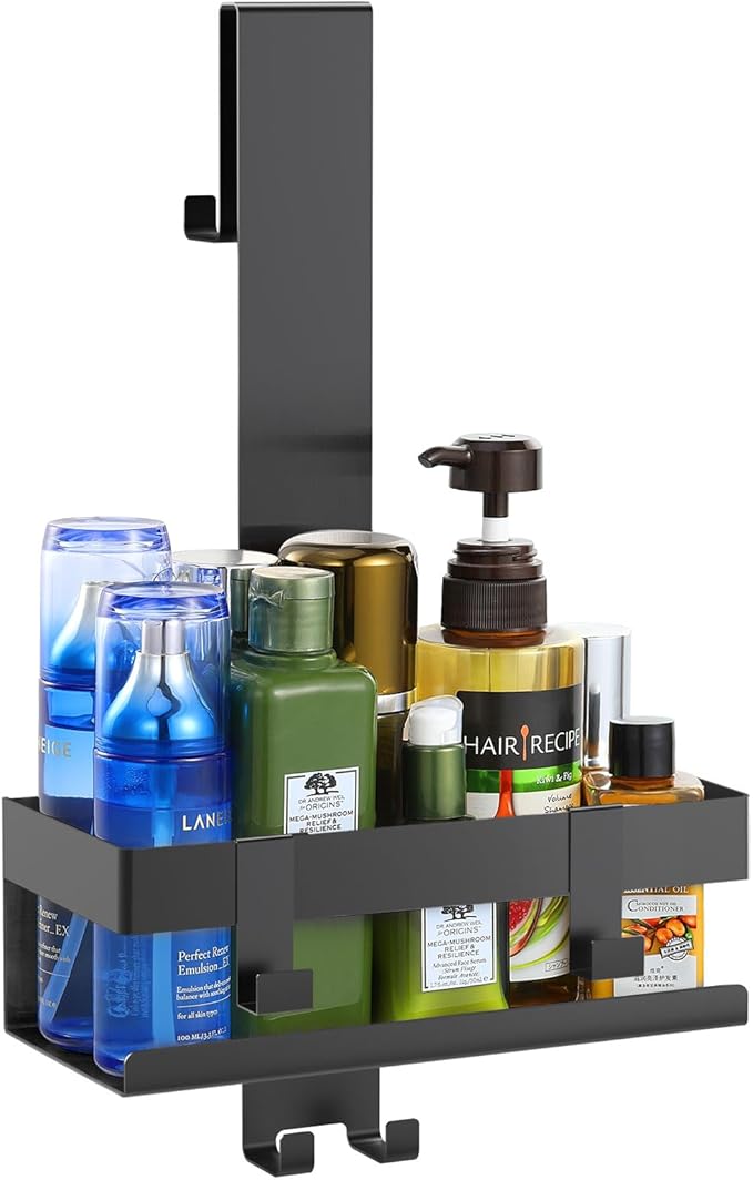 Emibele Over The Door Shower Caddy, 304 Stainless Steel Hanging Shower Caddy Rustproof Shower Shelves, No Drilling Hanging Shower Organizer for Bathroom Glass Door, Black