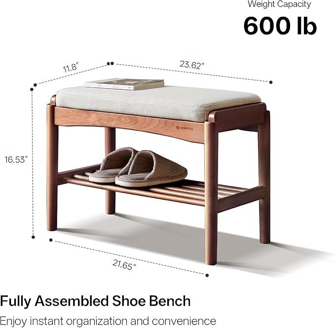 Solid Wood Shoe Bench Assembled, Shoe Rack Bench with Cushion for Entryway, Living Room, Bedroom, Hallway, 11.8" x 23.6" x 16.5", Walnut