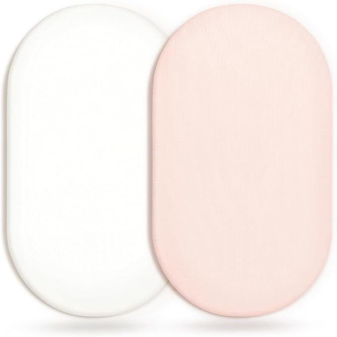 GRSSDER Stretchy Ultra Soft Fitted Bassinet Sheet 2 Pack, Universal Fit for Bassinets Baby Cradle Moses Basket Oval Rectangle Mattress Safe and Snug, Jersey Bassinet Sheets for Girls, White/Pink