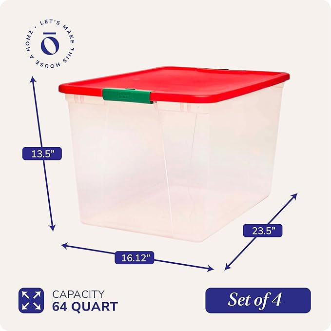 HOMZ 4-Pack Secure Latch, Clear Plastic Storage Organizer Bins, 64 Quart, Red Lid - Stackable Container Boxes for Bedroom, Bathroom, Garage, and Office Organization
