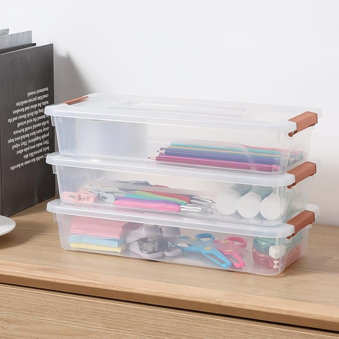 Plastic Storage Containers Clear Craft Storage Bins with Grey Handle,Organizer Box with Durable Lids Stackable Containers for Organizing Craft and Tools (8 Pack-4 Quart Brown)