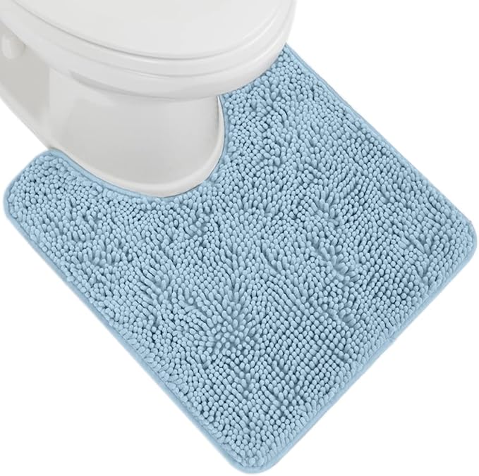 GORILLA GRIP Plush Absorbent Shaggy Chenille Bath Rug Mat for Oval Toilet Base with Rubber Backing, Machine Washable Rugs, Soft Microfiber Contour Mats for Toilets, Bathroom Decor, Sky