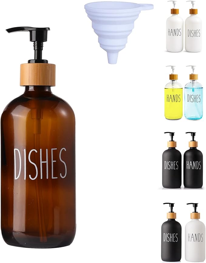 LOOCHICA Dish Amber Glass Soap Dispenser with Plastic Pump, 16 Oz Brown Dish Soap Dispenser Set Refillable Reusable Apothecary Soap Pump Dispenser Bottles for Bathroom and Kitchen