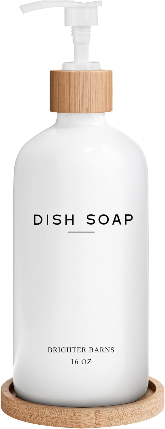 White Glass Dish Soap Dispenser for Kitchen Sink by Brighter Barns - Kitchen Soap Dispenser Set with Tray - Bamboo Pump Bottle - Neutral Minimalist Home Decor in RV, Office, Home, Airbnb, Gift (White)